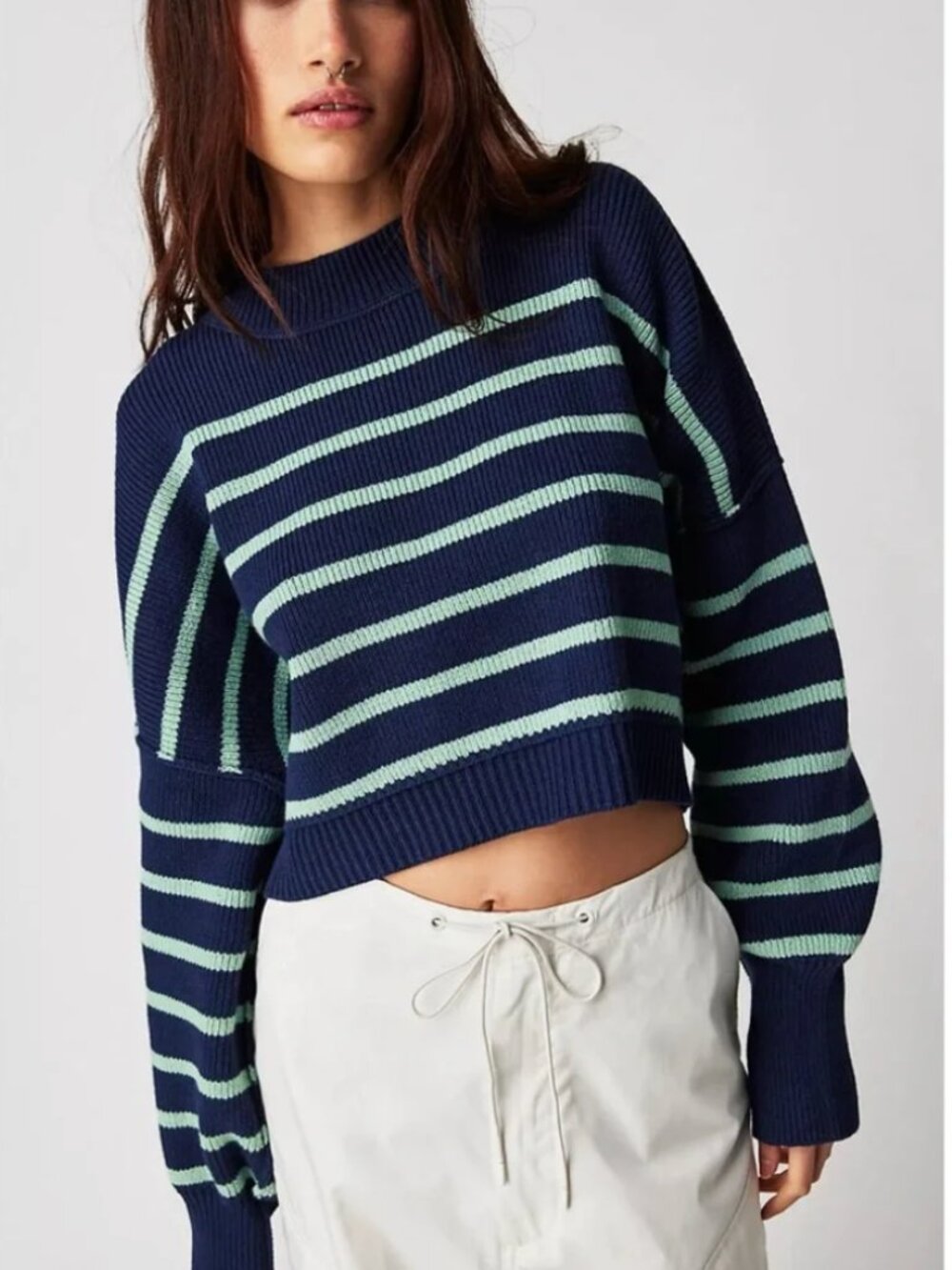 NWT Free People Easy Street Stripe Crop Pullover Sweater Oversized Navy Green